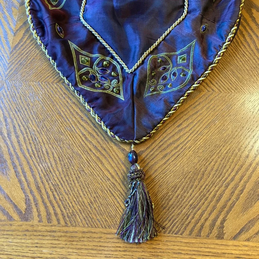 Ornate Table Runner Burgundy Purple Silk Beaded Tassel Royal Castlecore Luxury